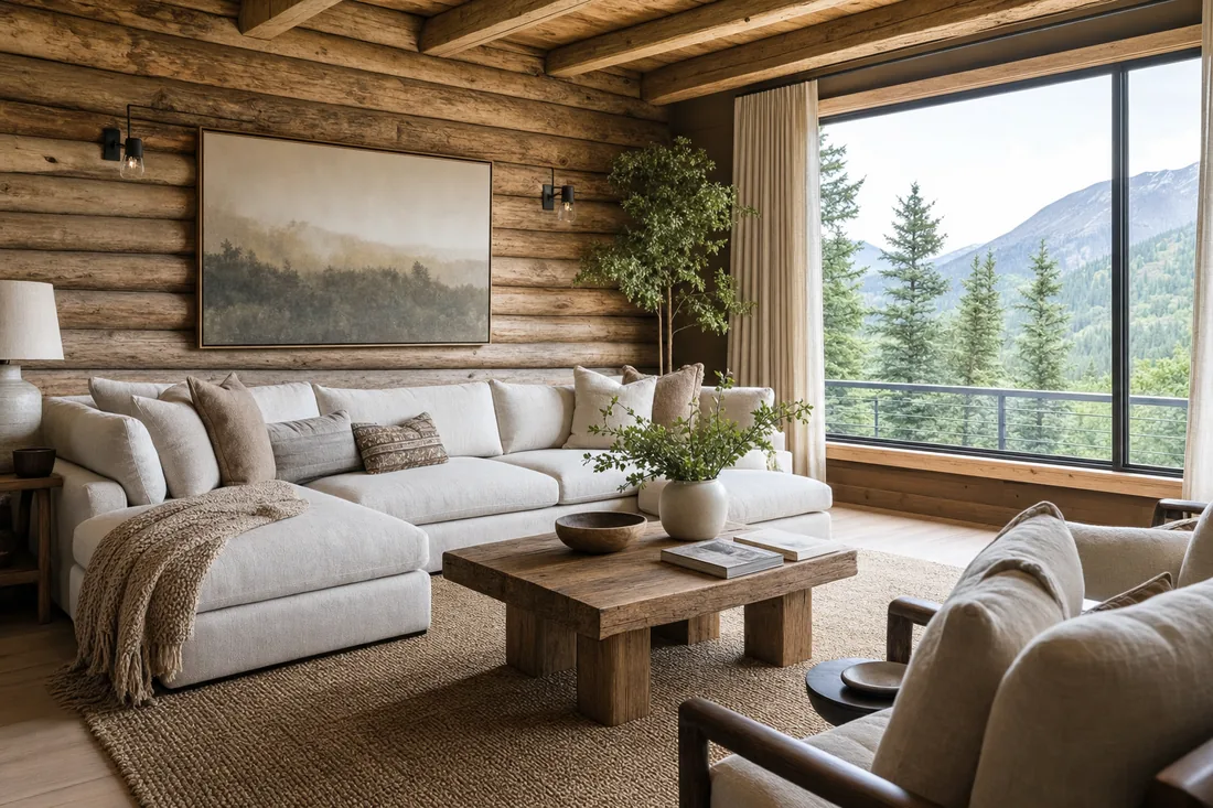 Modern-rustic cabin living room with cream furnishings and a mountain view