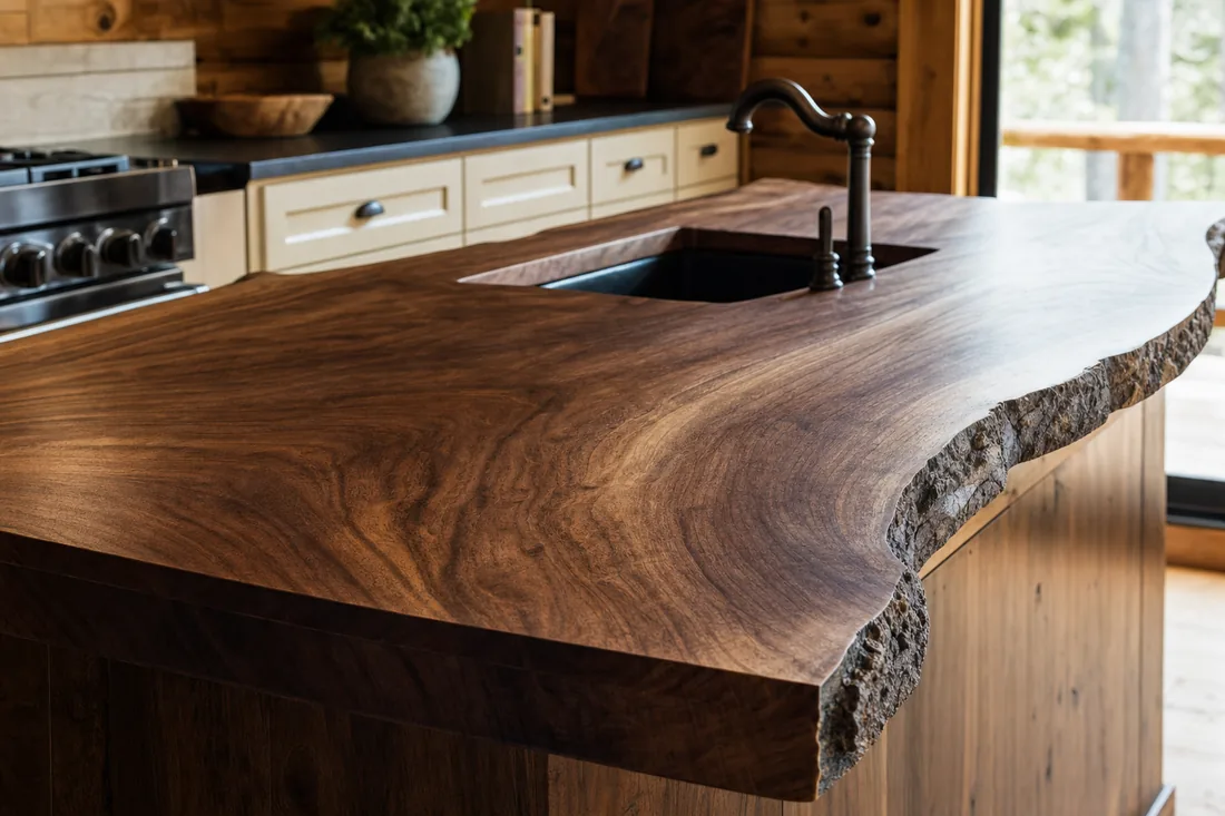 Live-edge black walnut countertop installed on a cabin kitchen island