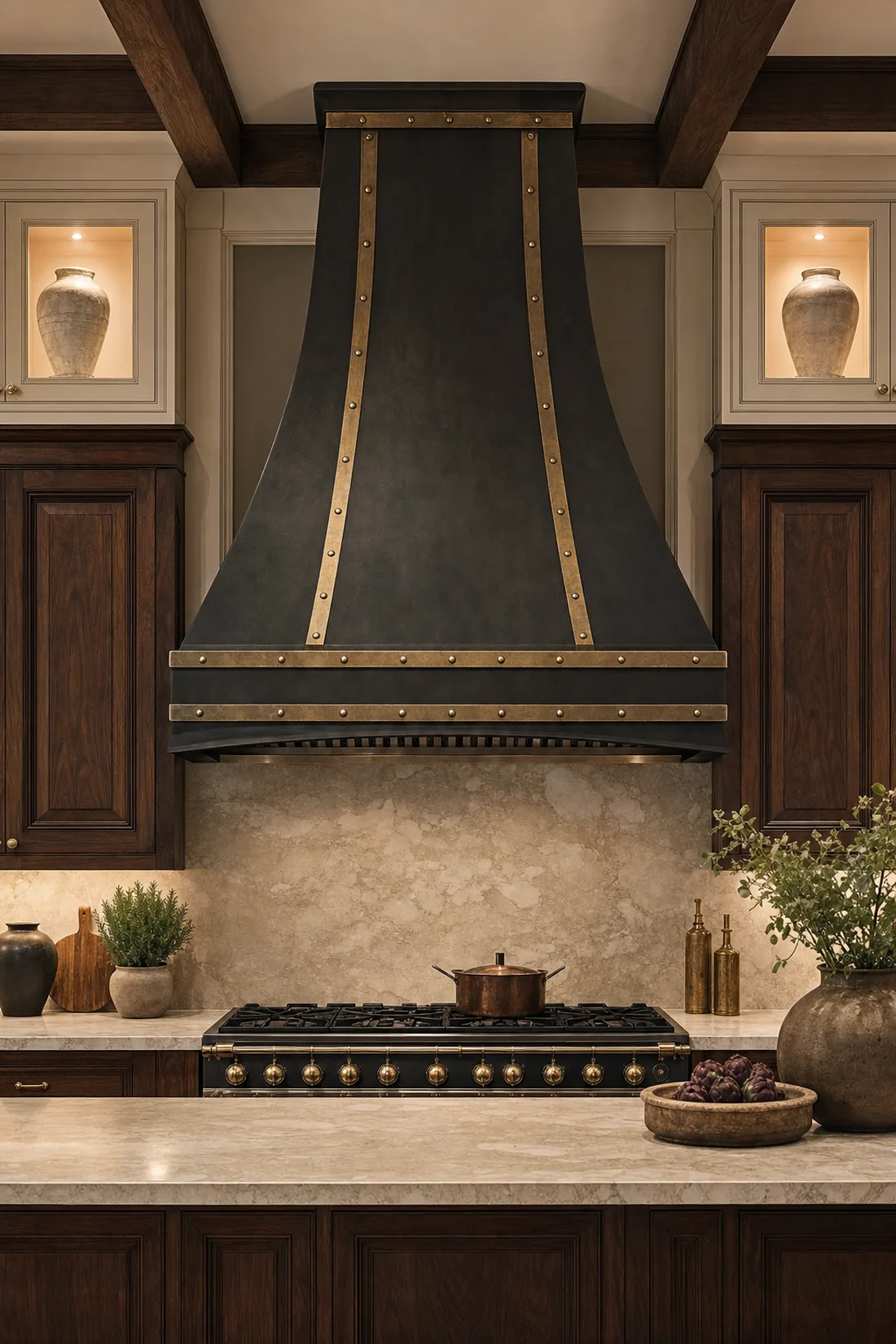 Hand-finished dark metal custom range hood with aged brass strapping above a professional range