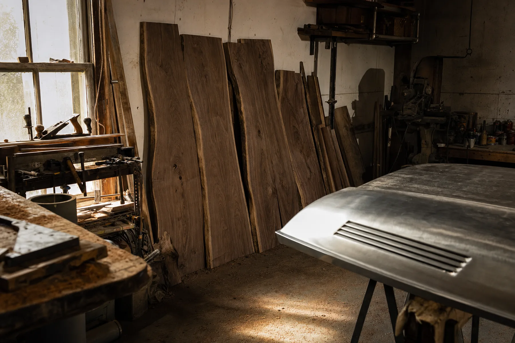 Walnut slabs and a partially finished metal hood panel in a small workshop
